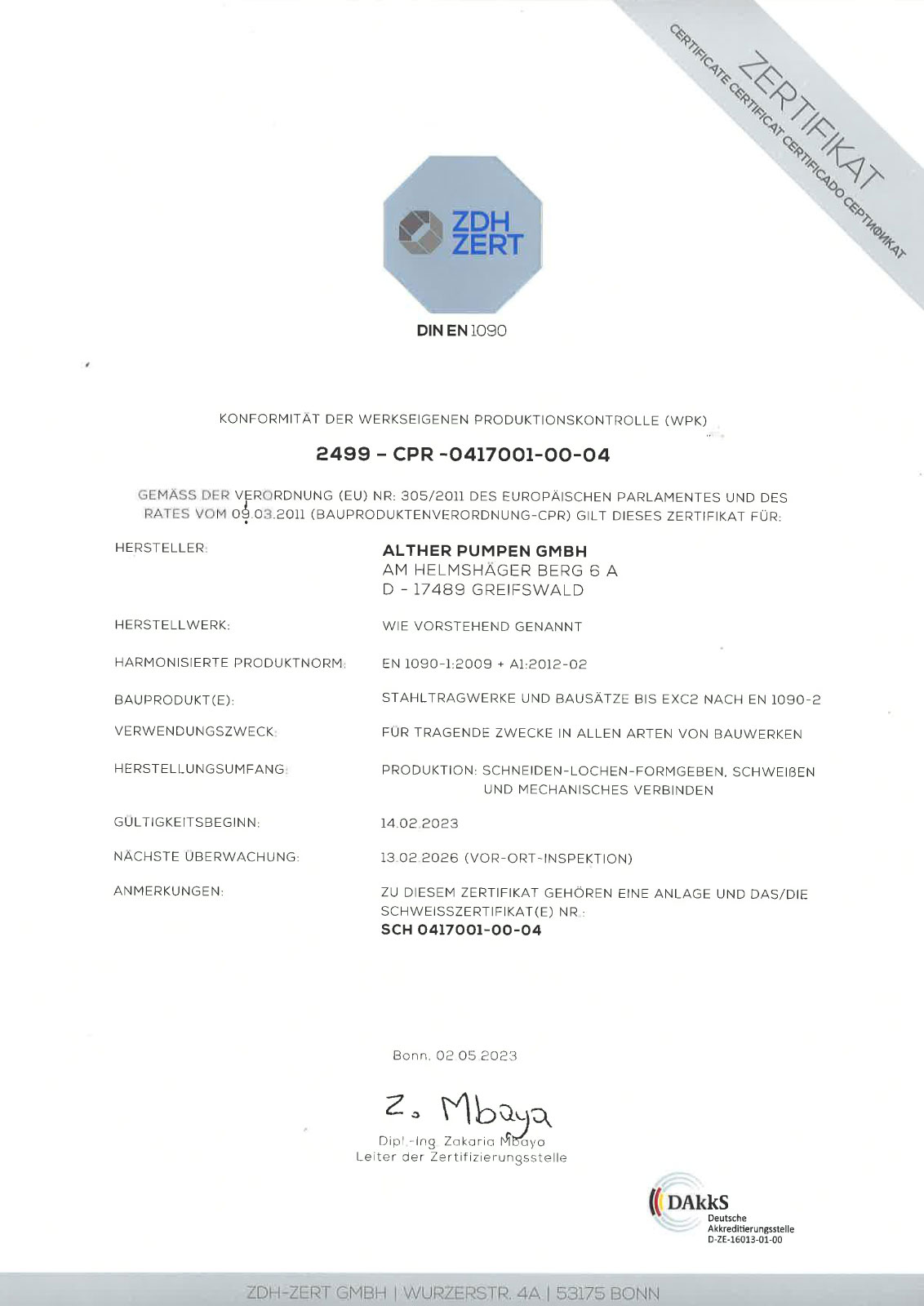 ZDH ZERT Zertifikat Seite 1 Konfomitätserklärung Werkseigener Produktionskontrolle